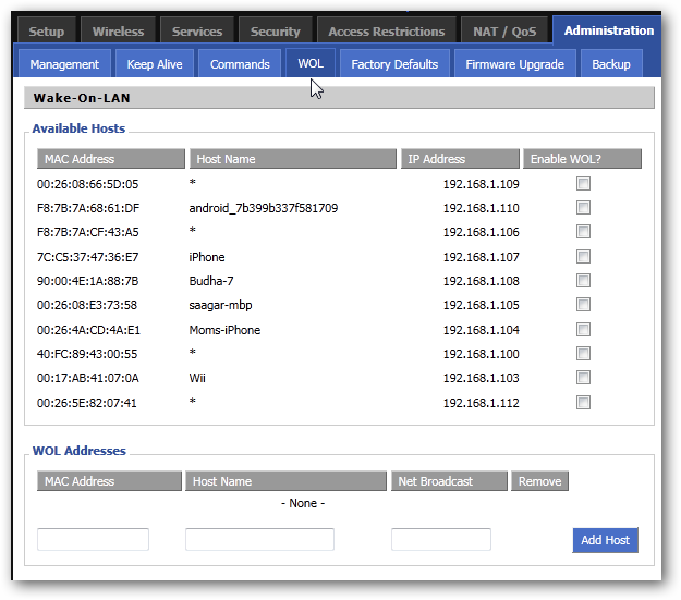 Экран настройки WOL в DD-WRT