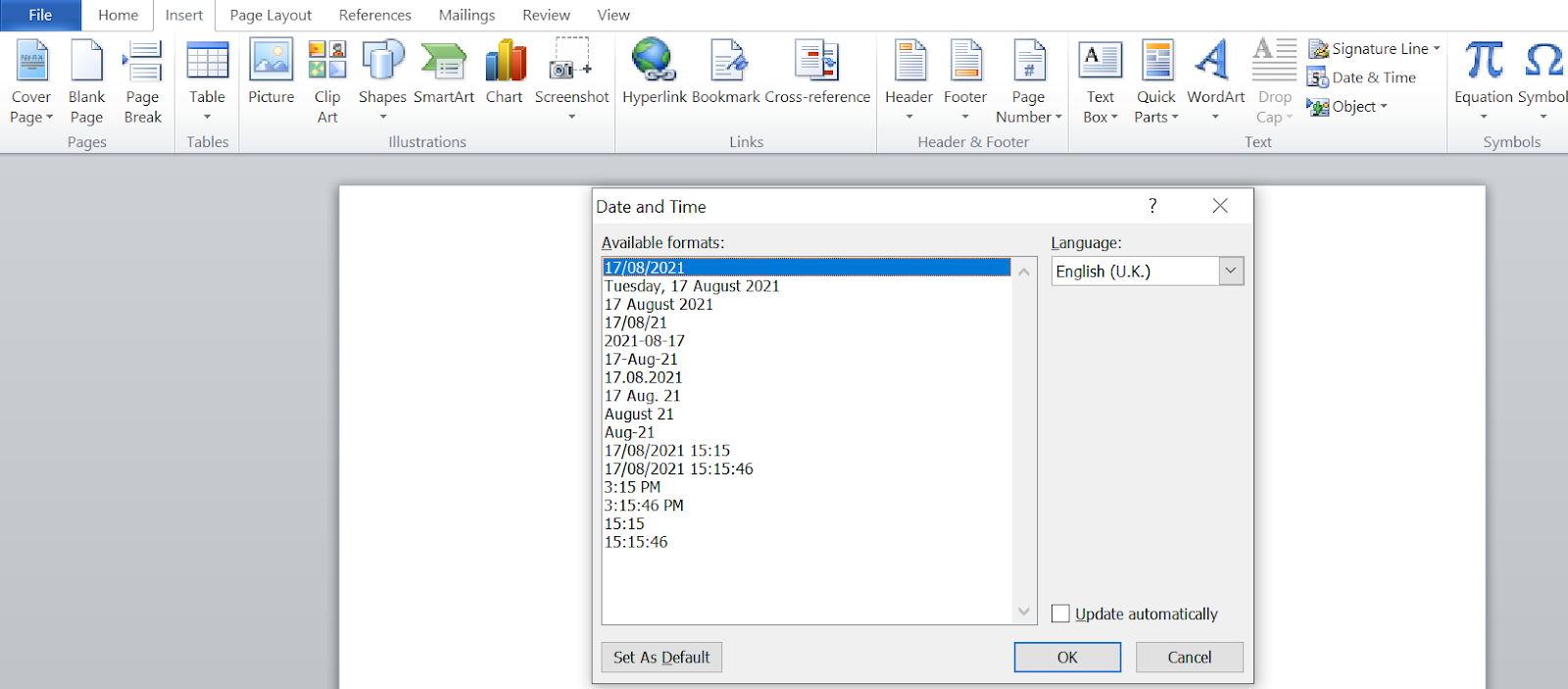 Дата/время в заголовке