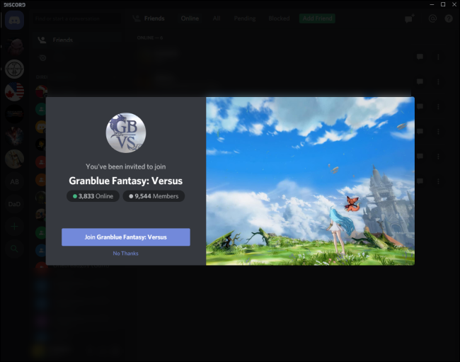 Диалог приглашения в приложении Discord
