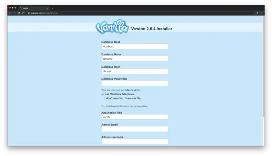 Мастер установки Vanilla — экран ввода параметров