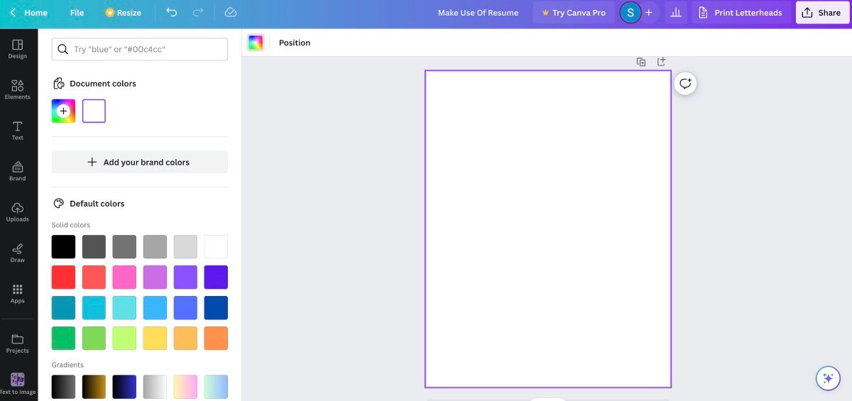 Blank page on Canva's Editor page