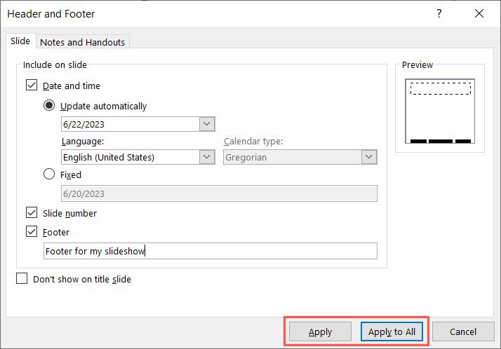 Footer settings Apply buttons in PowerPoint