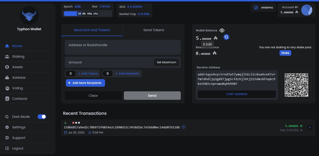 Скриншот кошелька Typhon с балансом 5 ADA
