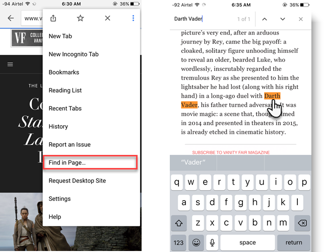 Поле поиска в Chrome, показывающее выделенные совпадения