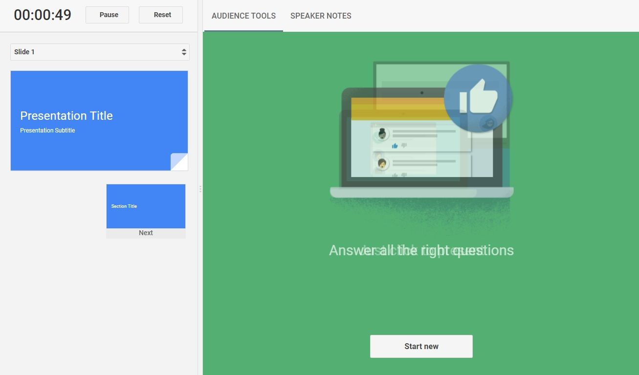 Google Slides Q&A Session Audience Tools Start new