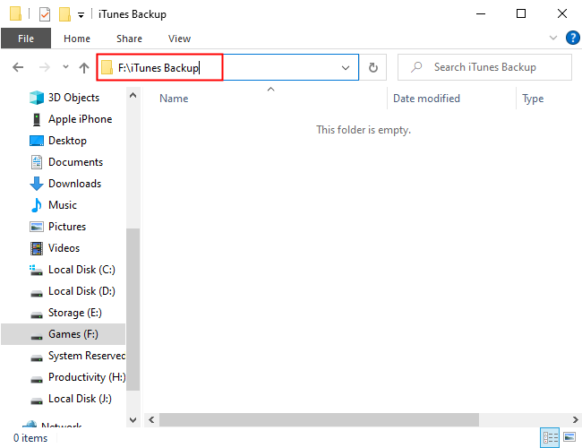 Проводник открыт в новой папке iTunes Backup на диске F:.