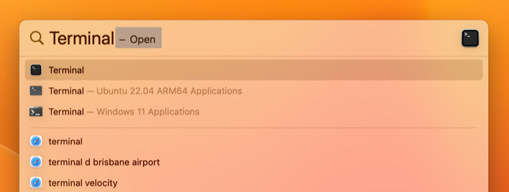 Запуск Terminal через Spotlight