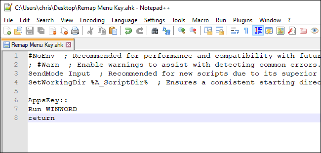 Скриншот AutoHotkey с примером скрипта, запускающего Word