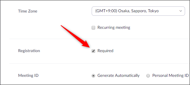 Флажок регистрации для обязательной регистрации на встречу Zoom