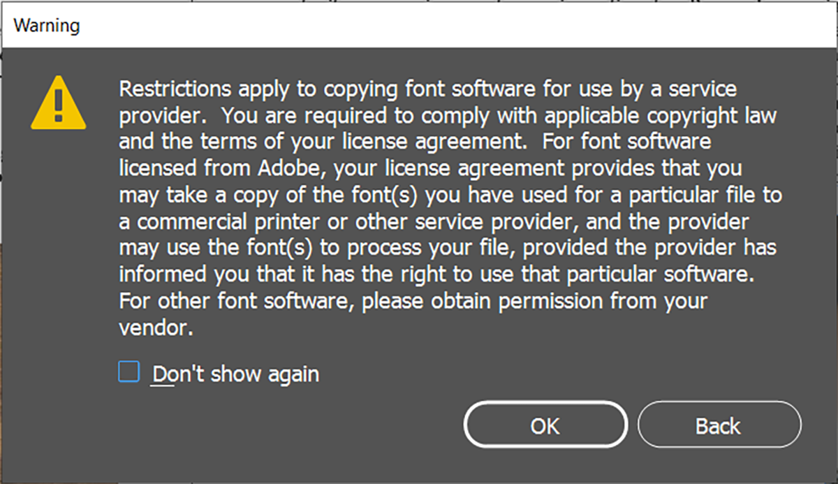 Предупреждение об авторских правах шрифтов при упаковке