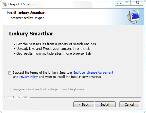 Подсказка об опциях установки Dexpot — снимок экрана