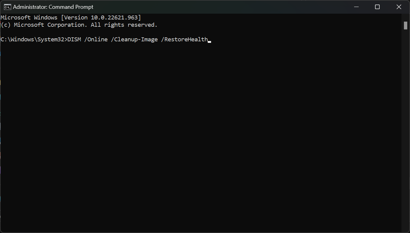 Запуск DISM для восстановления образа