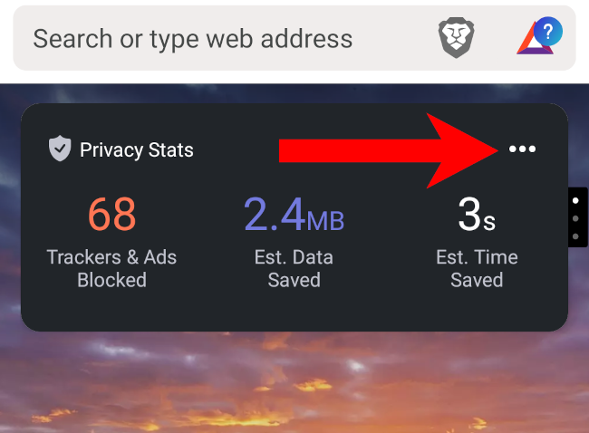 Иконка меню виджета на странице новой вкладки Brave mobile