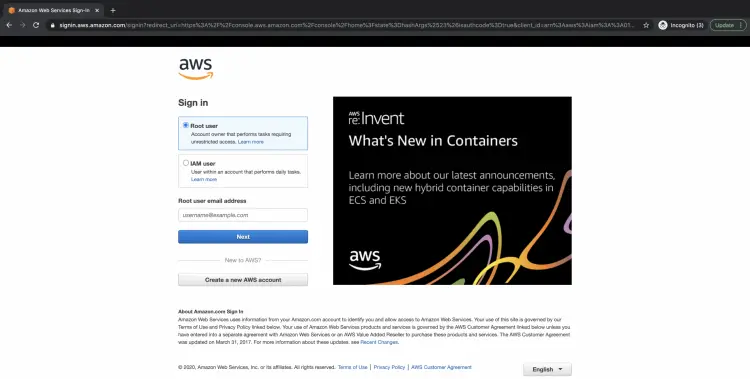 Страница входа в AWS