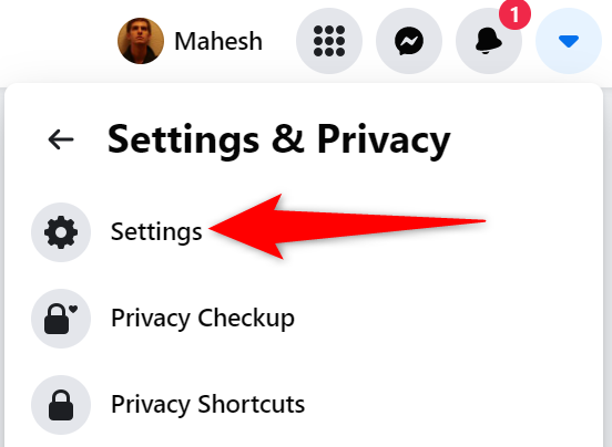 Пункт «Настройки» в меню Facebook