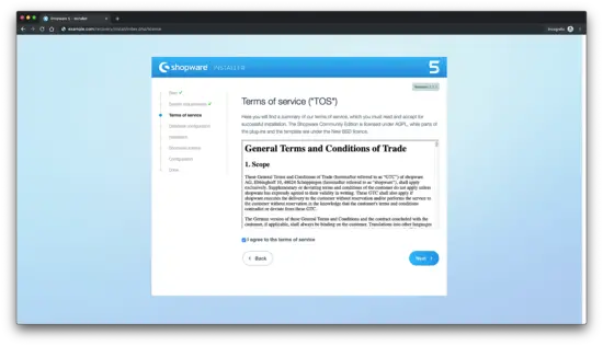 Принятие лицензионного соглашения Shopware