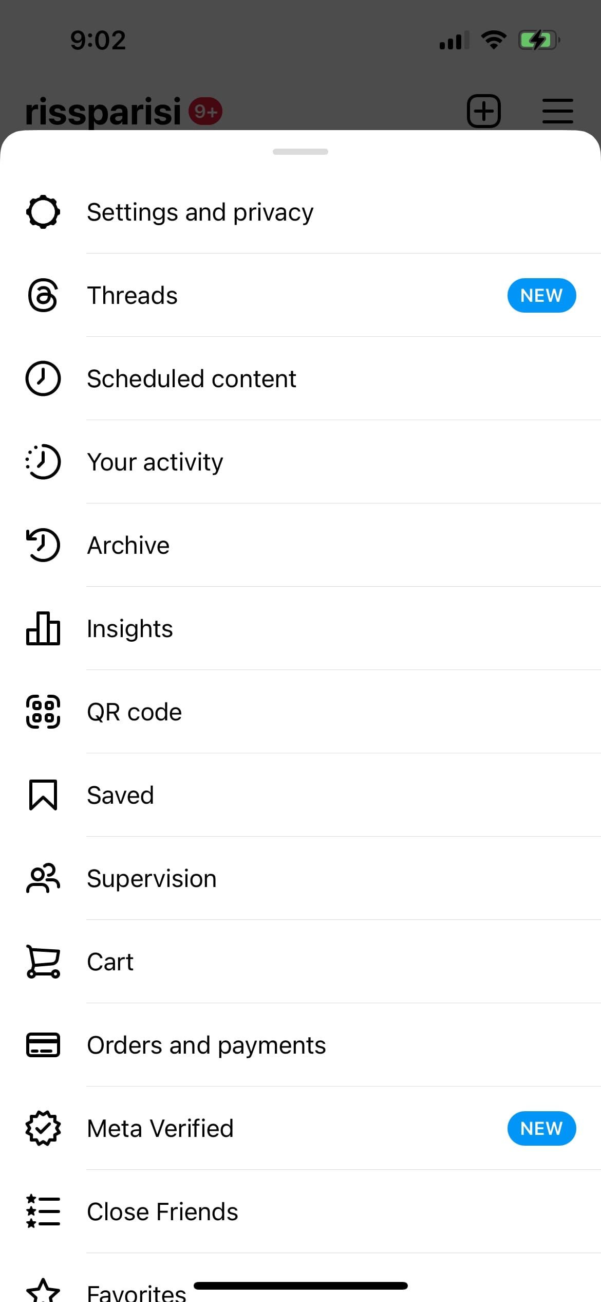 Настройки Instagram — меню