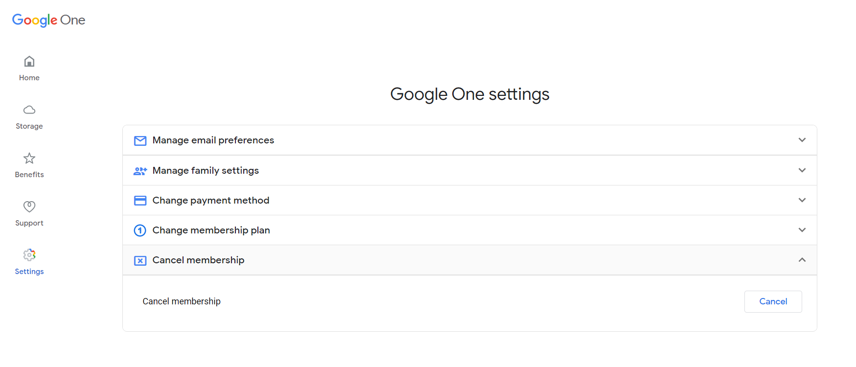 Процесс отмены подписки Google One в веб‑интерфейсе на ПК.