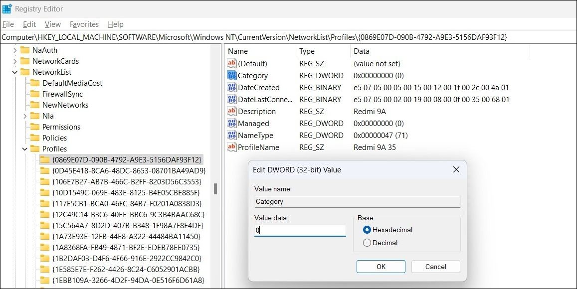 Изменение типа сетевого профиля через Редактор реестра