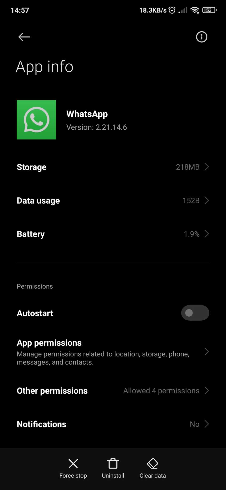 экраны разрешений WhatsApp в настройках Android