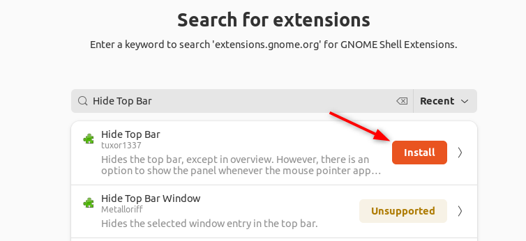 Список расширений и кнопка установки для Hide Top Bar