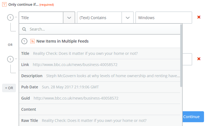 Настройки фильтрации — выбор поля и условия