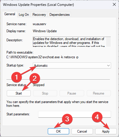 Снимок экрана: параметры запуска службы и её статус