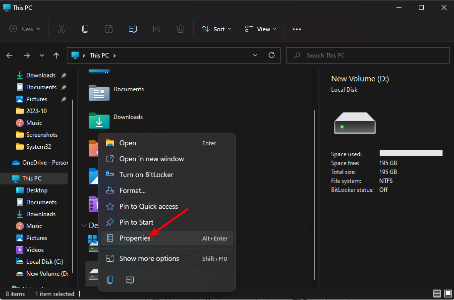 Окно Проводника с меню свойств накопителя