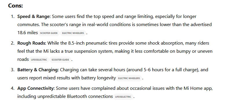 ChatGPT: перечисление недостатков электросамоката Xiaomi Mi