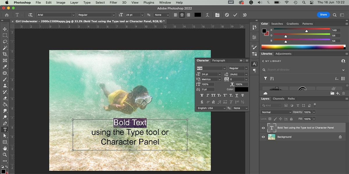 Photoshop с отмеченными панелями Upper Settings Bar и Character.