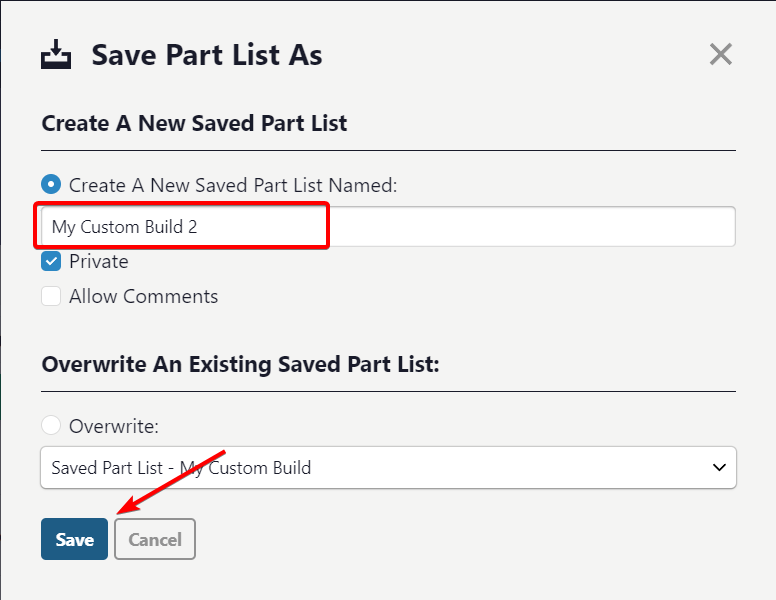 Окно сохранения списка с опцией Private для приватности