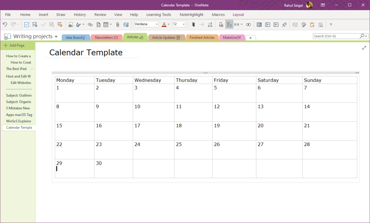 Заполнение таблицы датами в OneNote