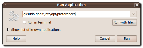 Run Application: команда для открытия /etc/apt/preferences через gedit