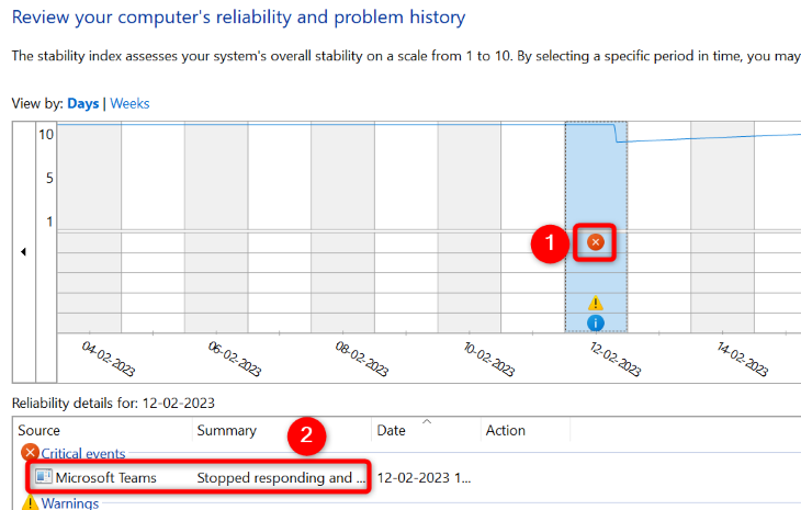 Нажмите на X и выберите событие с ошибкой