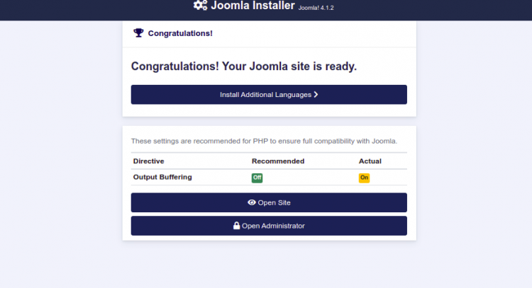 Установка Joomla завершена успешно