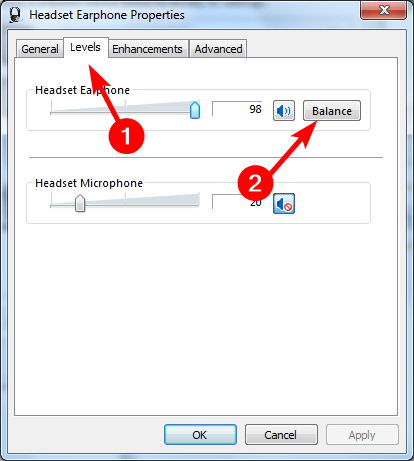Вкладка Уровни — ползунки громкости и баланса