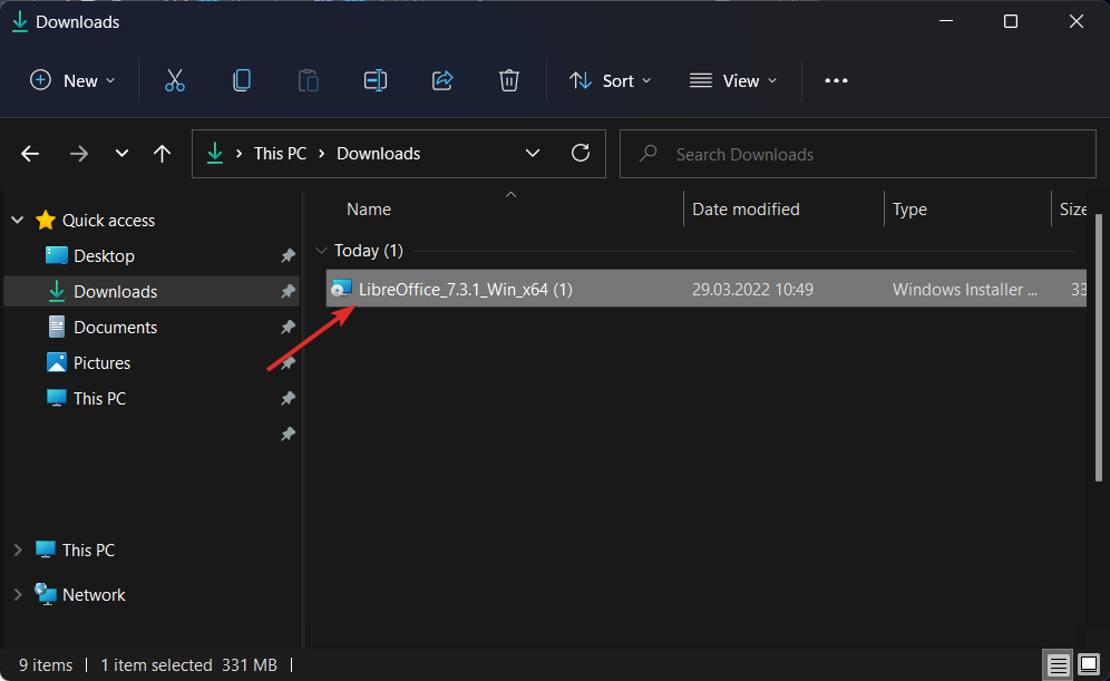 Запуск установщика LibreOffice в Windows 11