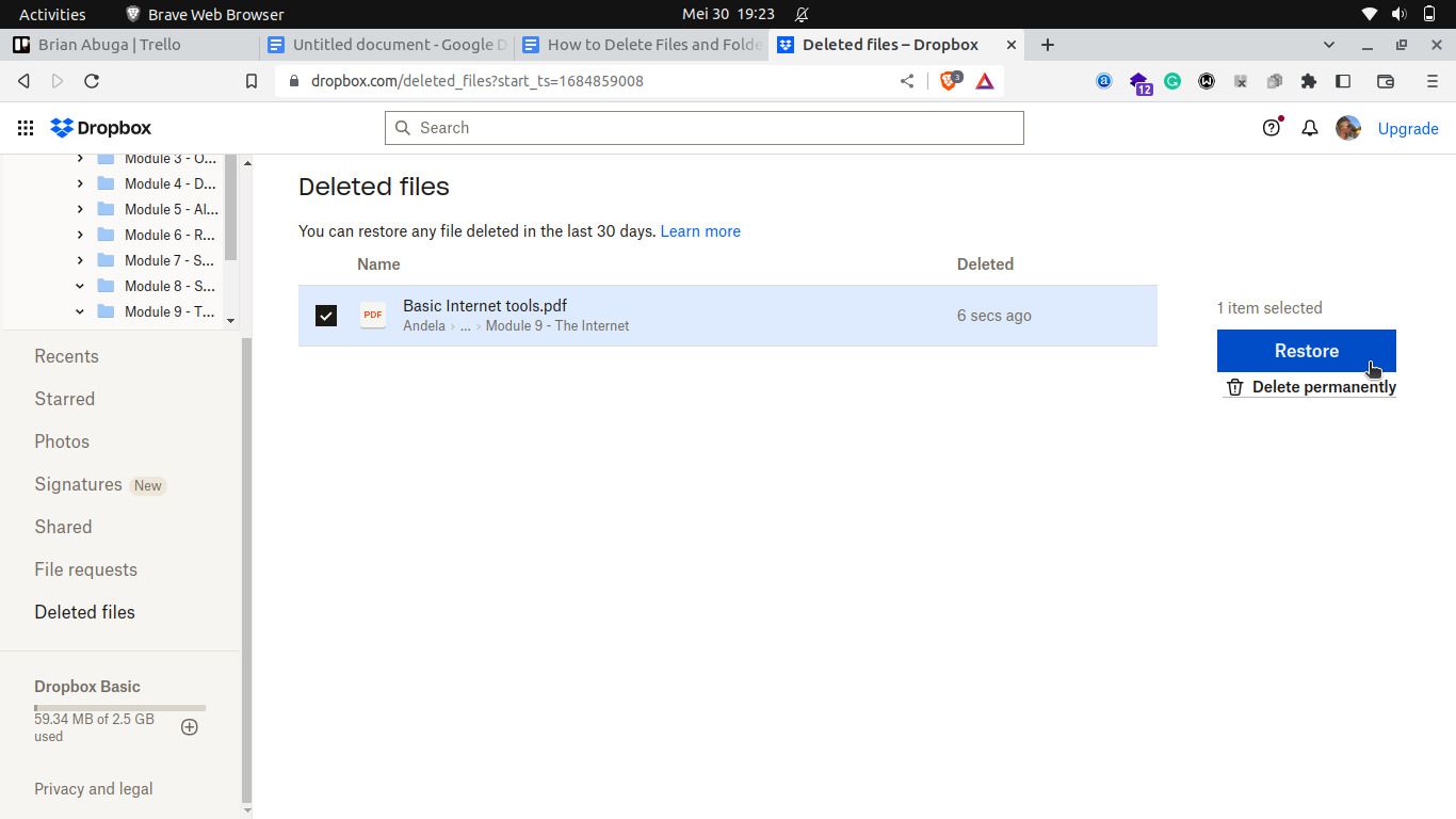 Восстановление удалённого файла из корзины Dropbox