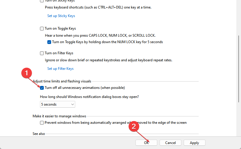 Скриншот: отключение анимаций в Панели управления