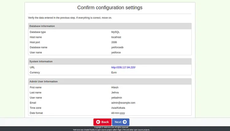 Подтверждение настроек
