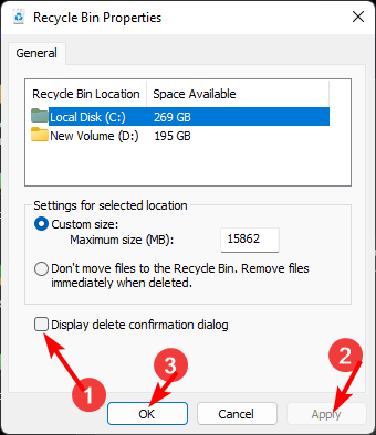 Опция подтверждения удаления в свойствах Корзины