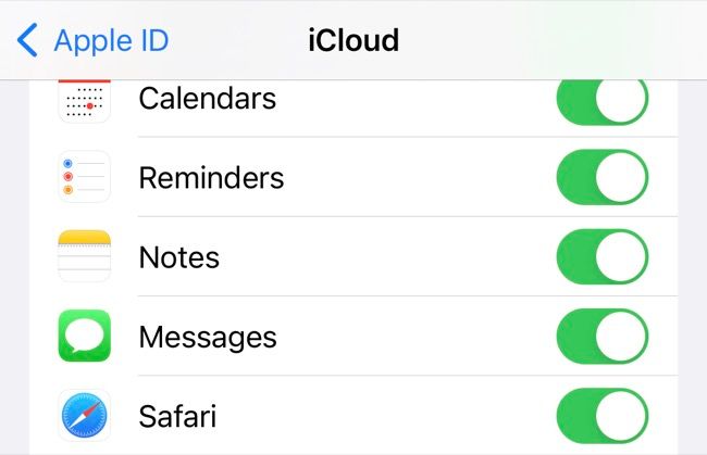 Включение Notes в настройках iCloud на iOS