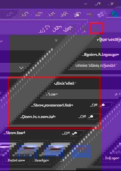 Turning on Quick links in Microsoft Edge.