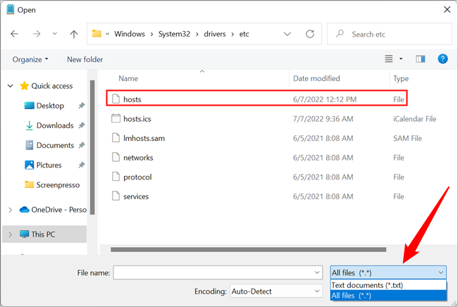 Открытие файла hosts в Блокноте; выбрана опция Все файлы