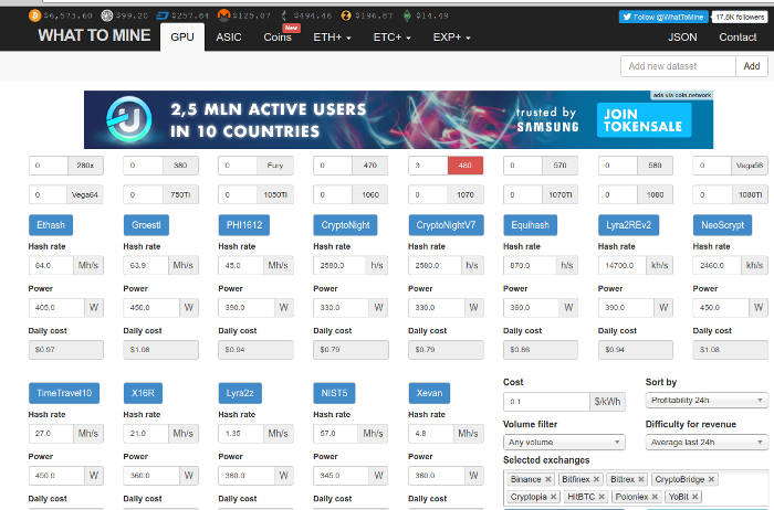 Скриншот сайта калькулятора прибыльности майнинга