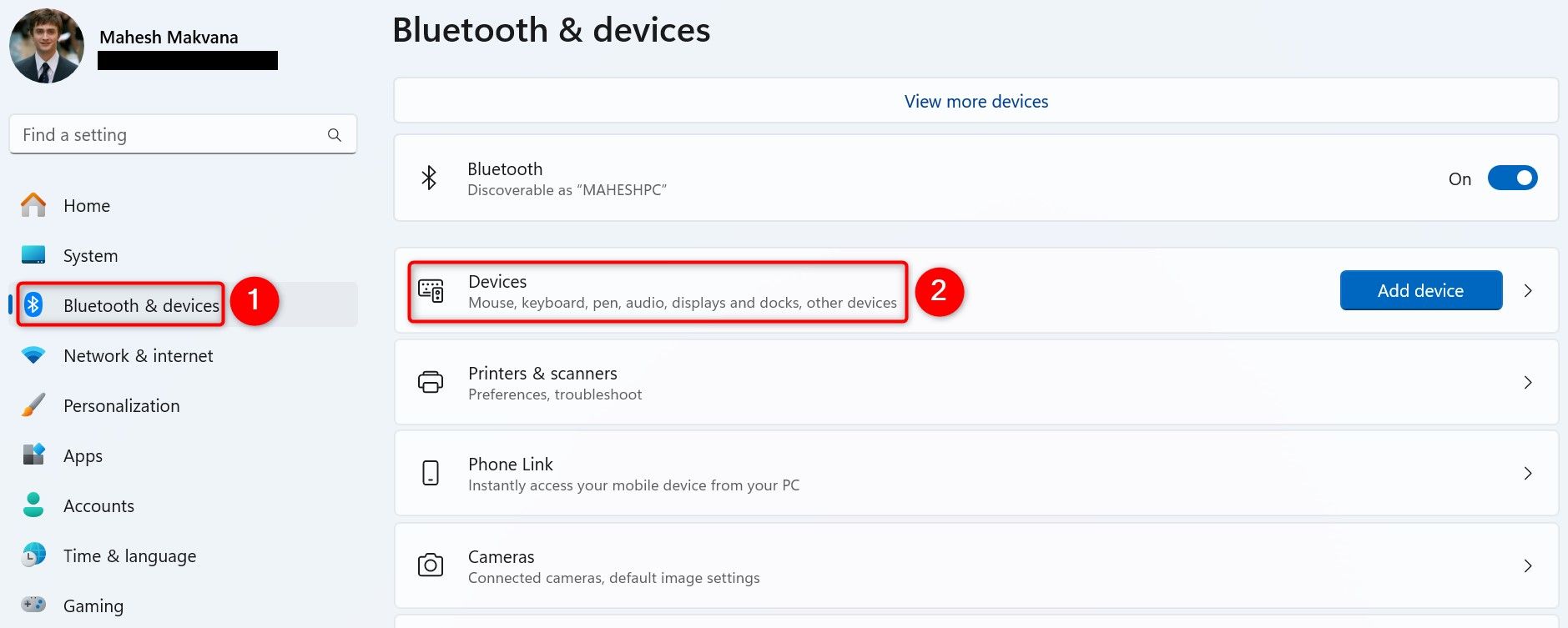 Окно Параметры Windows 11: Bluetooth & Devices, раздел Devices выделен