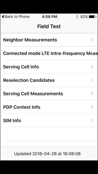 Меню с техническими измерениями в Field Test Mode на iPhone