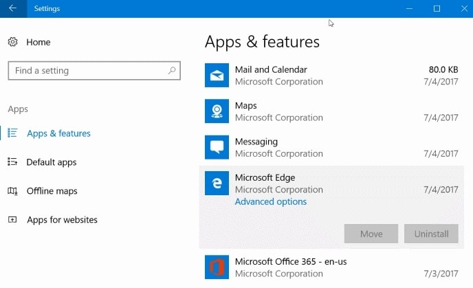 Сброс Microsoft Edge через параметры приложений