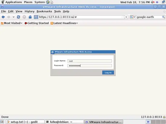 Форма логина веб-интерфейса VMware Server