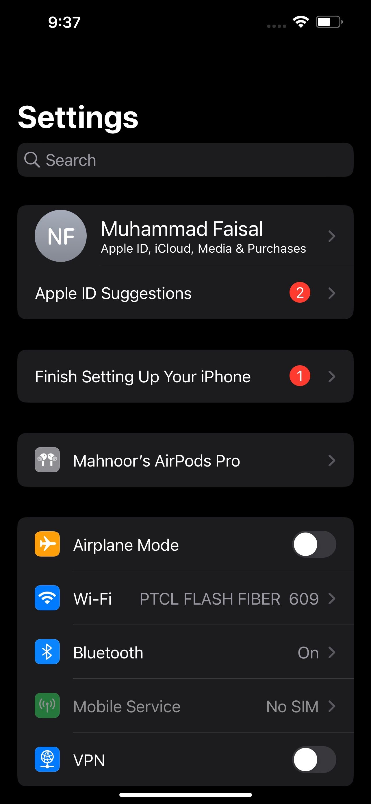 iPhone settings menu
